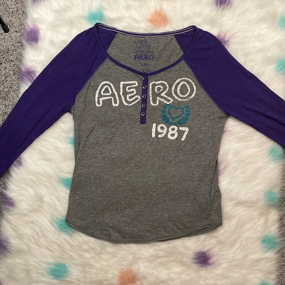 Aeropostale Y2K Fitted Gray & Purple Long Sleeve Shirt Size Large